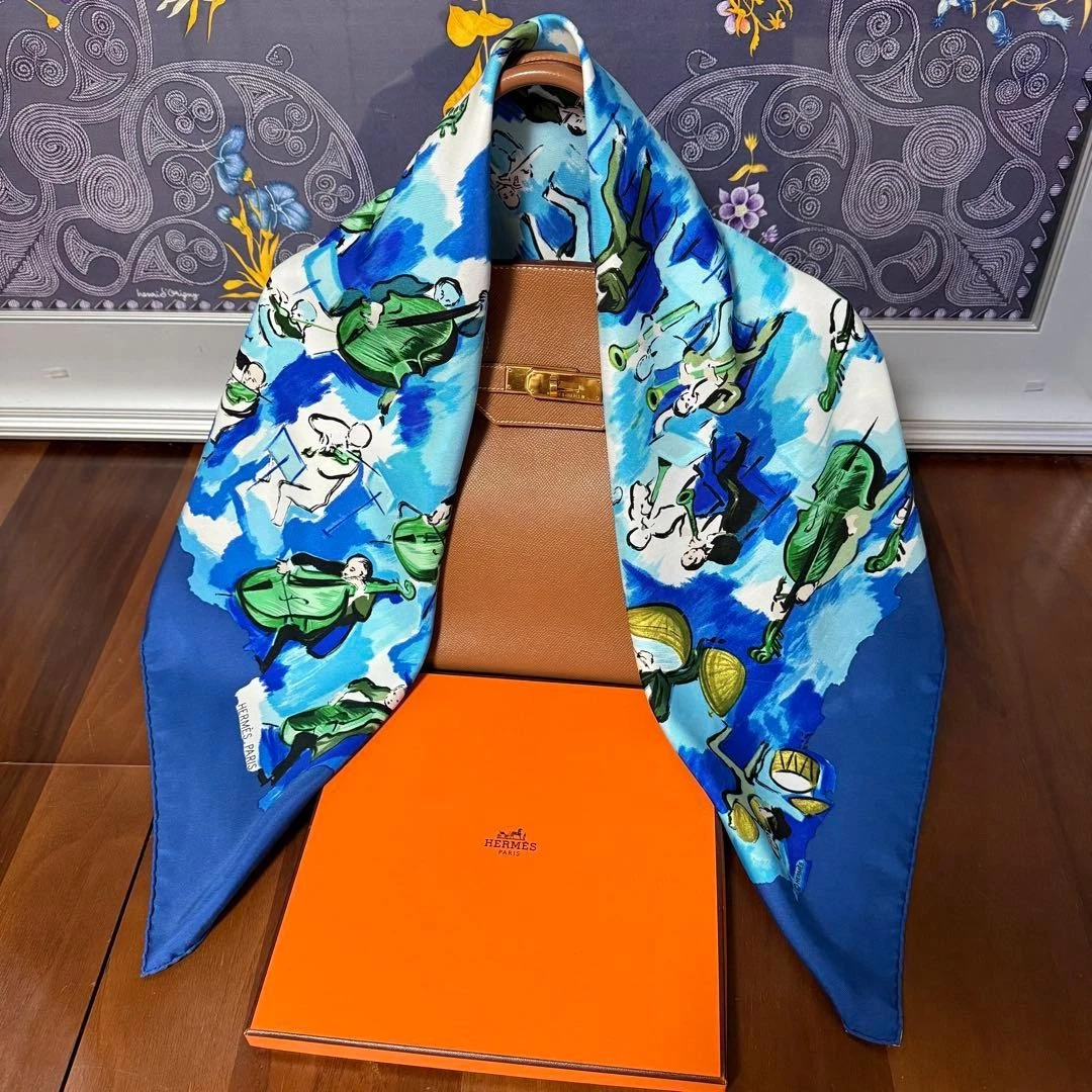 Hermes — Authentic HERMES Carre 90 Scarf "Concerto / Orchestra" Silk 100% Blue SK1345