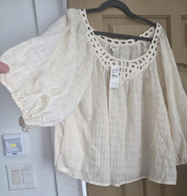 Max Studio London XL 100% Cotton Ivory Boho Crochet Peasant Blouse NWT
