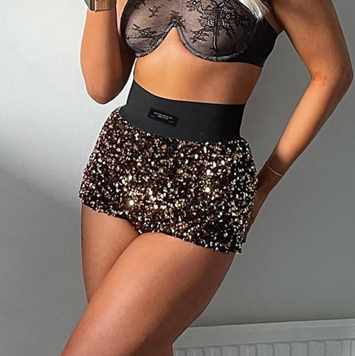 Pantaloncini estivi paillettes donna vita alta sexy festa glitter scintillanti hot pants - Foto 9 di 21