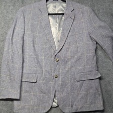 Stafford Signature Mens 46 Reg Classic Fit Linen Blend Plaid Sport Coat Blue Tan