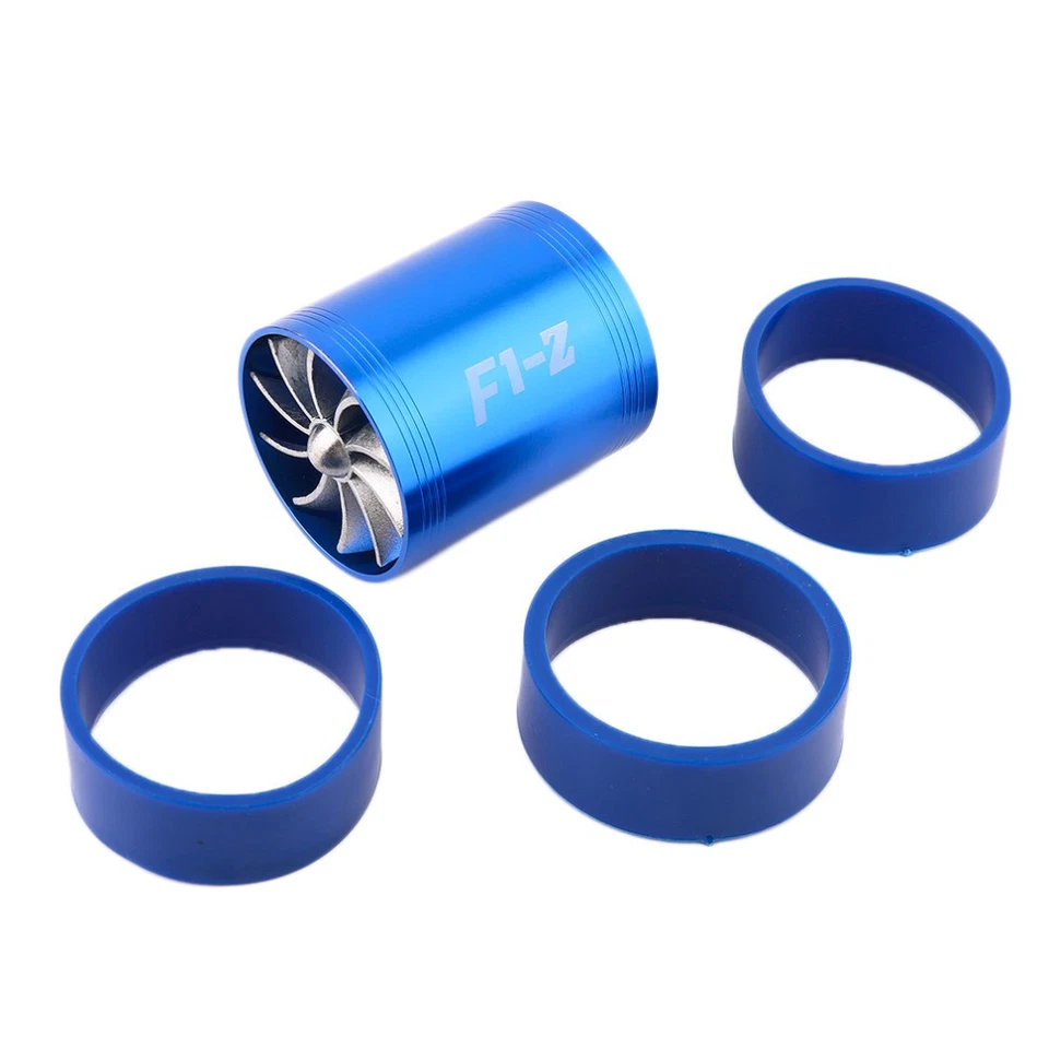 Car Aluminum Blue Air Intake Turbonator Dual Fan Engine Turbine Super Charger - Image 2 of 4