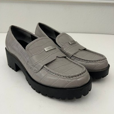 Calvin Klein Marli3 Mid Heel Penny Loafer Croc Embossed Lug Sole Grey Women 8.5M