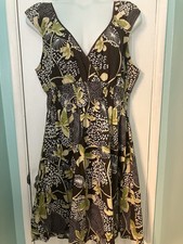 Cap Sleeve V Neck Cotton Dress 3X Brown Floral Print Elastic Waist Knee Length