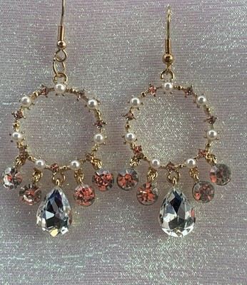 Vtg Monet Chandelier Faux Pearls Crystal Round Hoop Gold Tone Elegant Whimsical