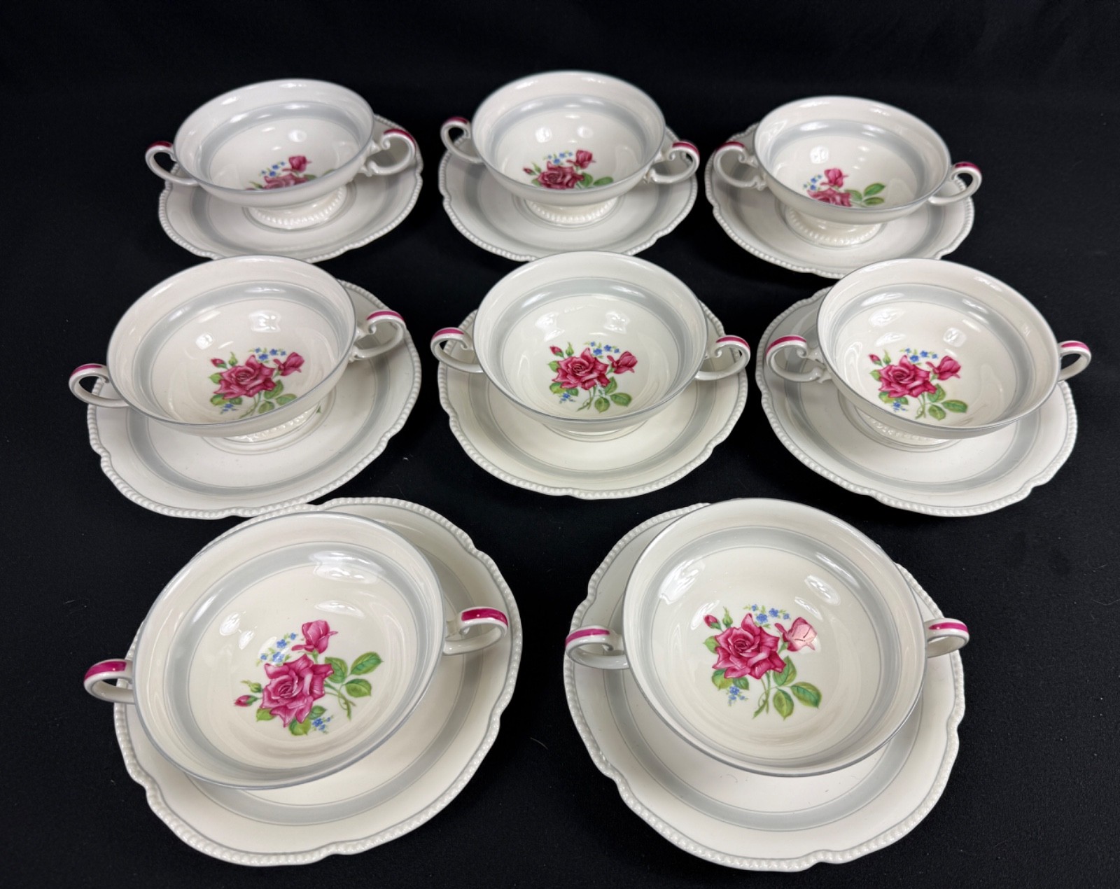 8 SETS Rosenthal Continental China TUDOR ROSE 1930’s CREAM SOUPS w/ Liners MINT