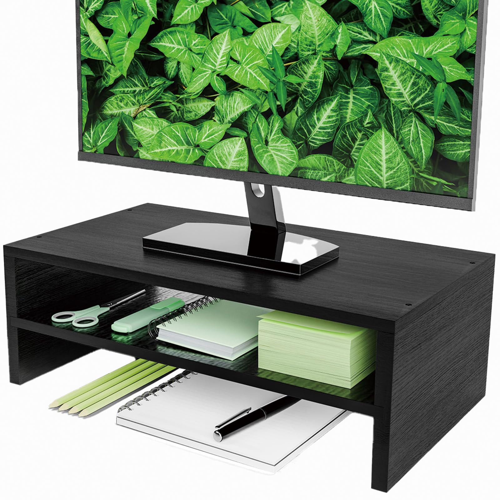 Monitor Stand Riser 2-Tier Wood Office Desk Storage Organizer for Black02-image