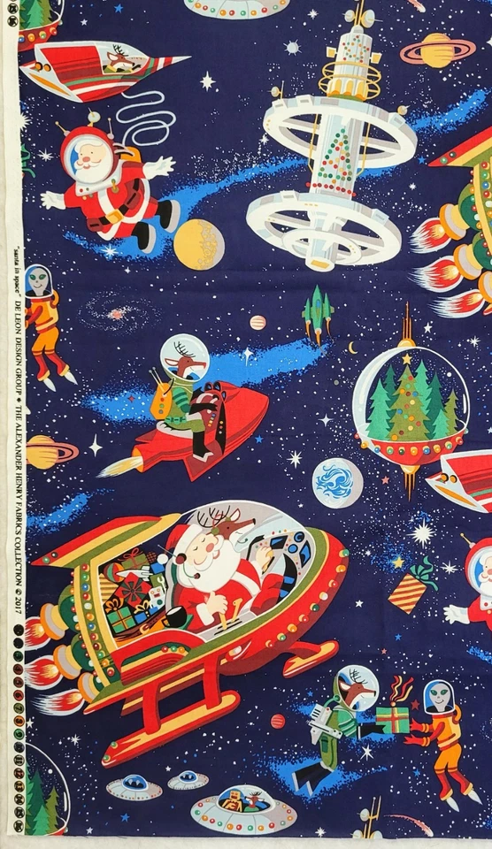 Tela Alexander Henry SANTA IN SPACE - 1 YARDA - Diseño DeLeon - Azul marino - 2017 NUEVO Foto 2 de 4