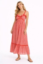 Image of Womens Next Pink Red Gingham Maxi Dress Tiered Seersucker Tall Regular Cotton
