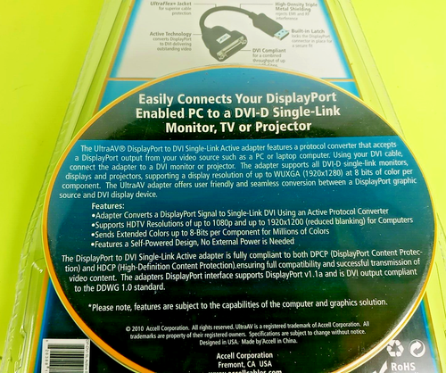 Accell UltraAV B087B-005B DisplayPort to DVI-D Cable Adapter - 10" DVI - Picture 3 of 9