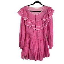 LoveShackFancy Luca Floral Print Ruffle Mini Dress Fuchsia Berry Size L