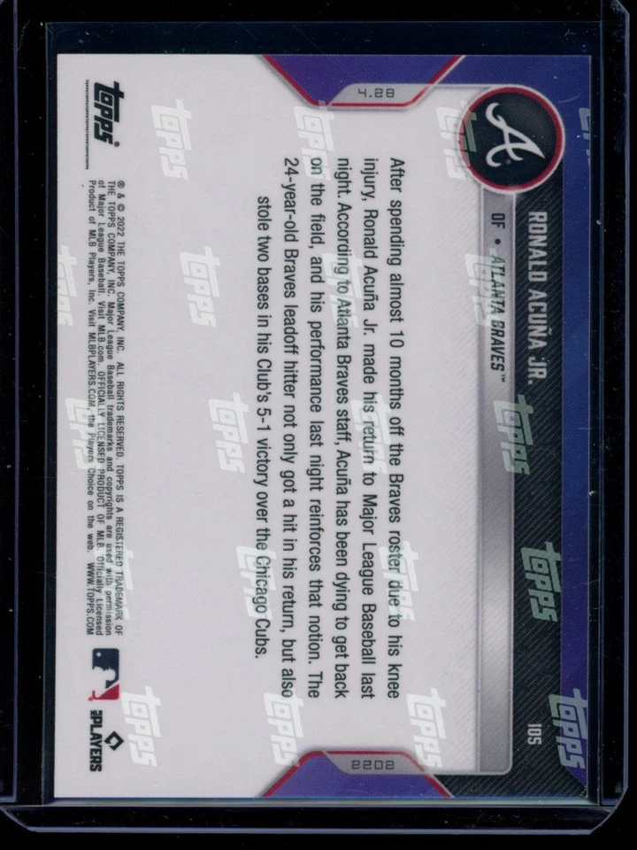 2022 Topps Now #105 Ronald Acuna Jr Base Card - Image 2 of 2