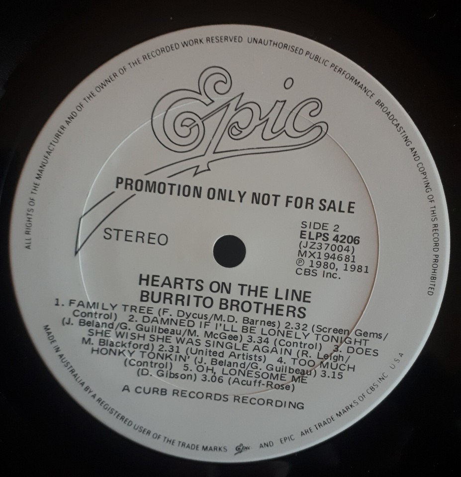BURRITO BROTHERS HEARTS ON THE LINE AUSTRALIAN WHITE LABEL PROMO LP eBay