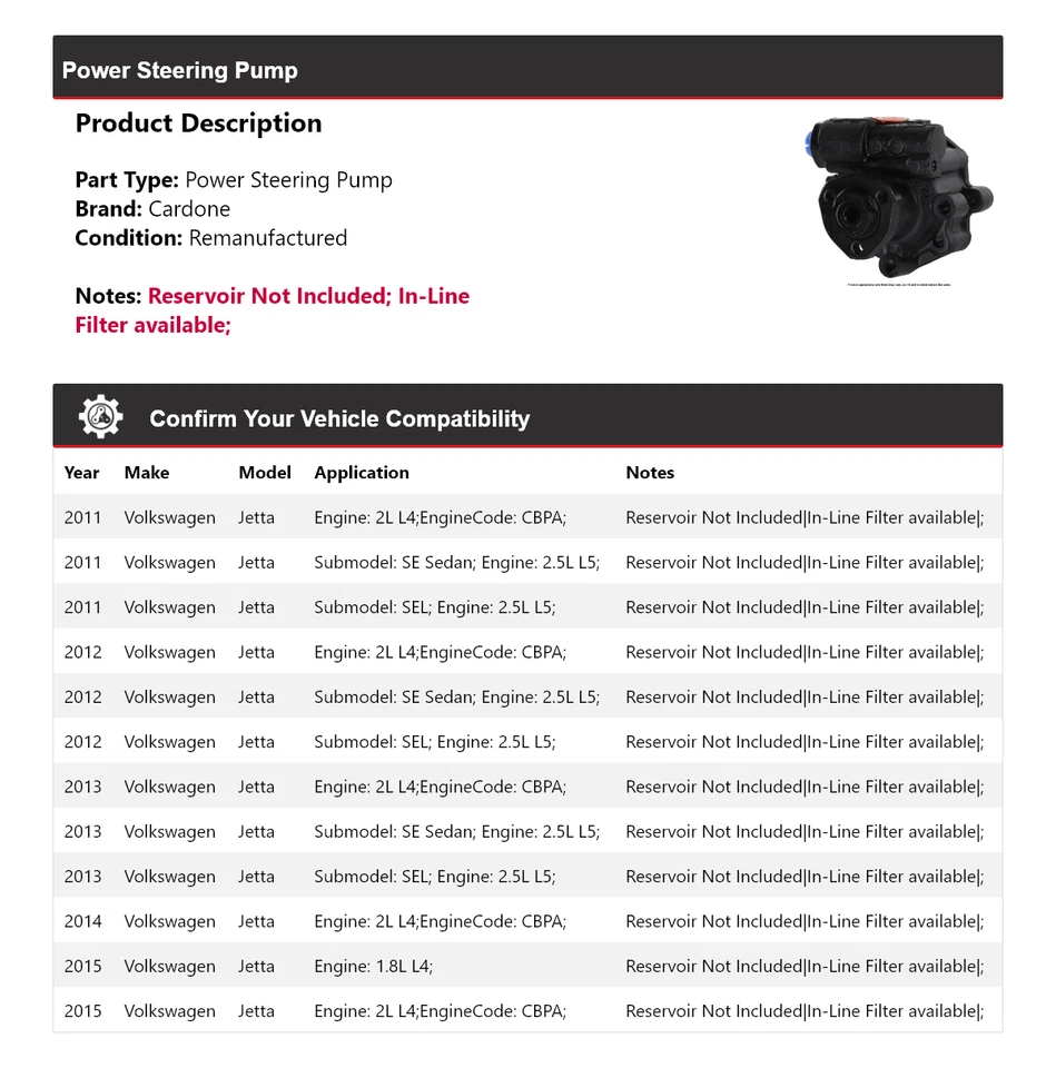 Bomba de dirección asistida Cardone para Volkswagen Jetta 2011-2015 2012 2013 2014 Foto 2 de 4