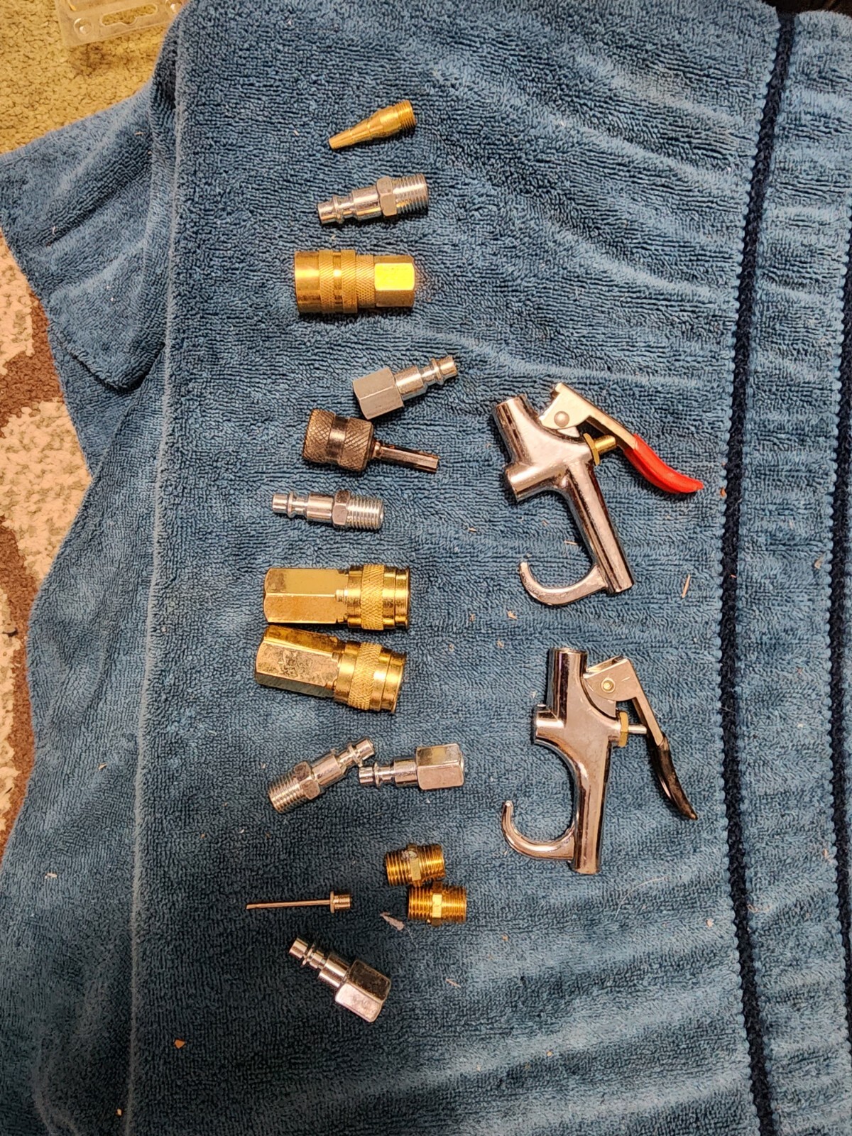 Large lot of used air compressor hose coupler  fittings and blowers