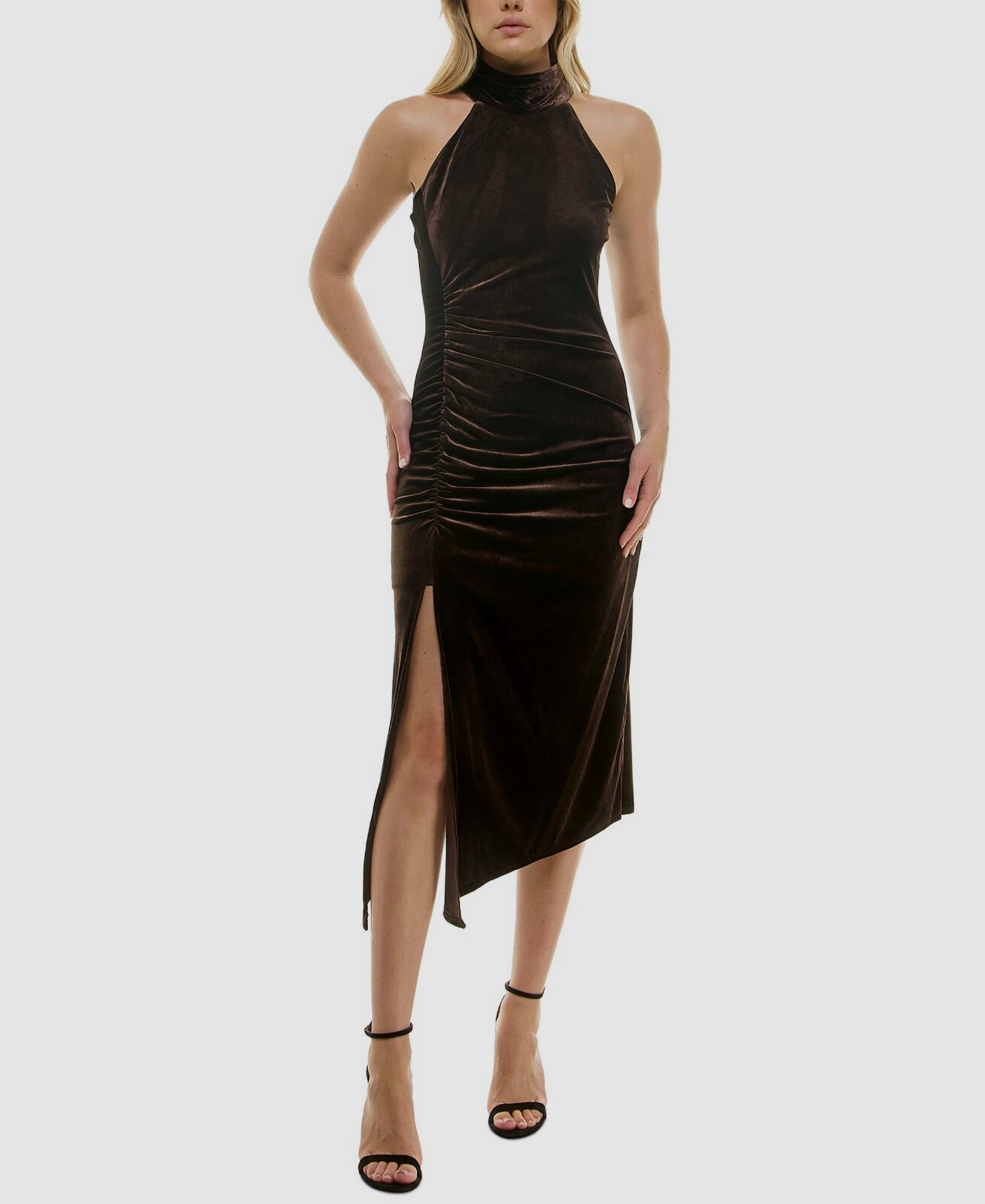 Taylor Women's Brown Velvet Halter Shirred Side-Slit Midi Dress Size 16
