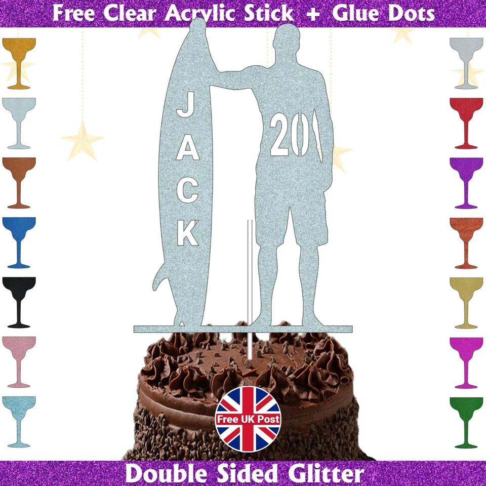 Surfing Birthday Glitter Cake Topper Personalised Surfer Dude with Surfboard - Image 3 of 4