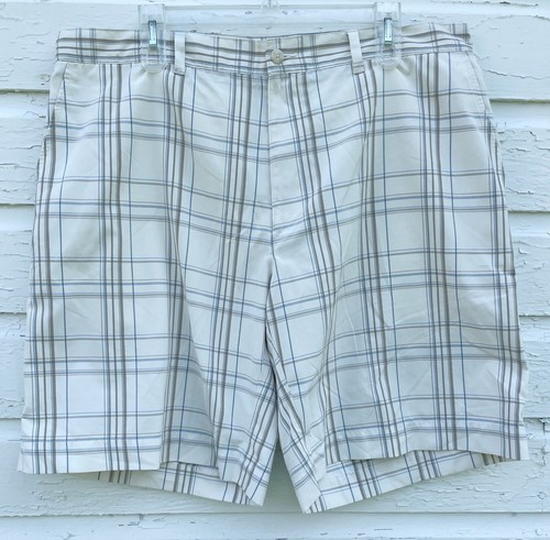 PGA Tour Golf Shorts Mens 38 Ivory Blue Plaid Bermuda 9 inch Comfort Band