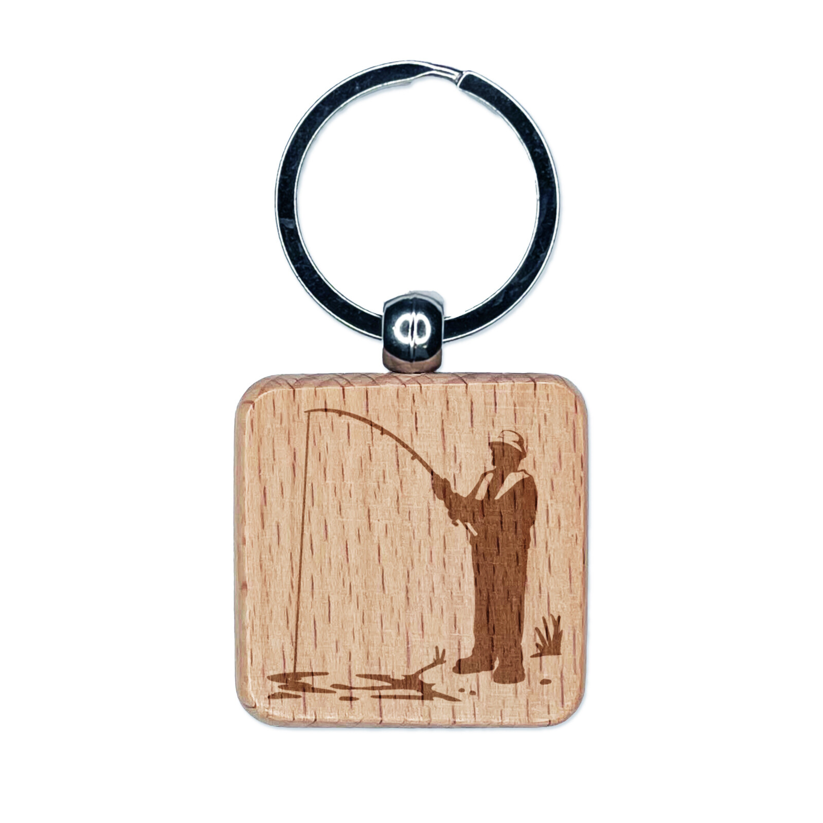 Engraved Wood Keychain with Fisherman and Fishing Rod Design  