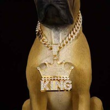 Pet Dog Cat Gold Plated KING CROWN Cubic Zirconia  Iced Cuban Chain Necklace