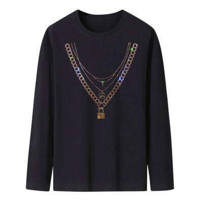 New Fashion Chain Rhinestone Diamond Long Sleeve Luxury Men Trend Cotton T-Shirt