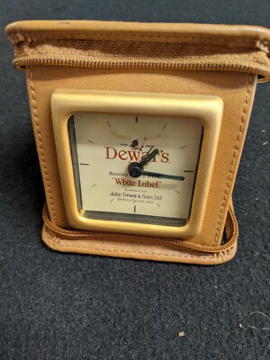 DEWAR'S White Label Scotch Whiskey Travel Alarm Clock Tan Case Zippered