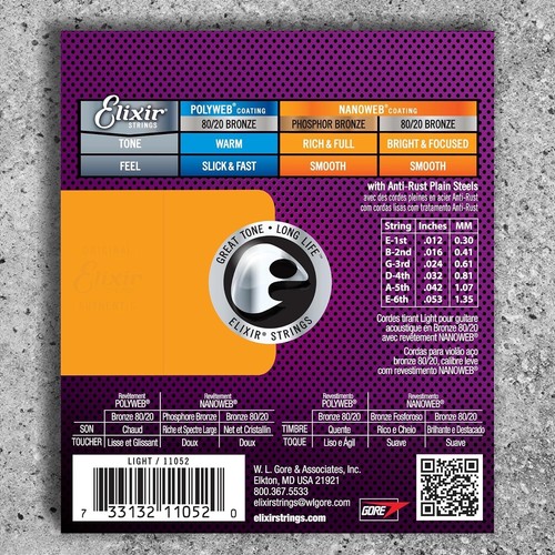 Elixir 11052 Nanoweb 80/20 Bronze Acoustic Guitar Strings - Picture 4 of 7