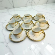 8 Bernardaud Limoges France Demitasse Cups & Saucers White Gold Leaf Encrusted