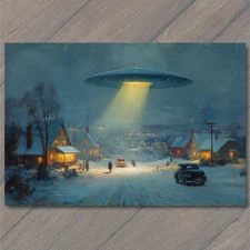 POSTCARD UFO Over Snowy Town Winter Night Lights Alien Spaceship Holiday Sci Fi
