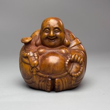 2" China Exquisite Boxwood Handmade Carved Ruyi Maitreya Buddha Statue W701