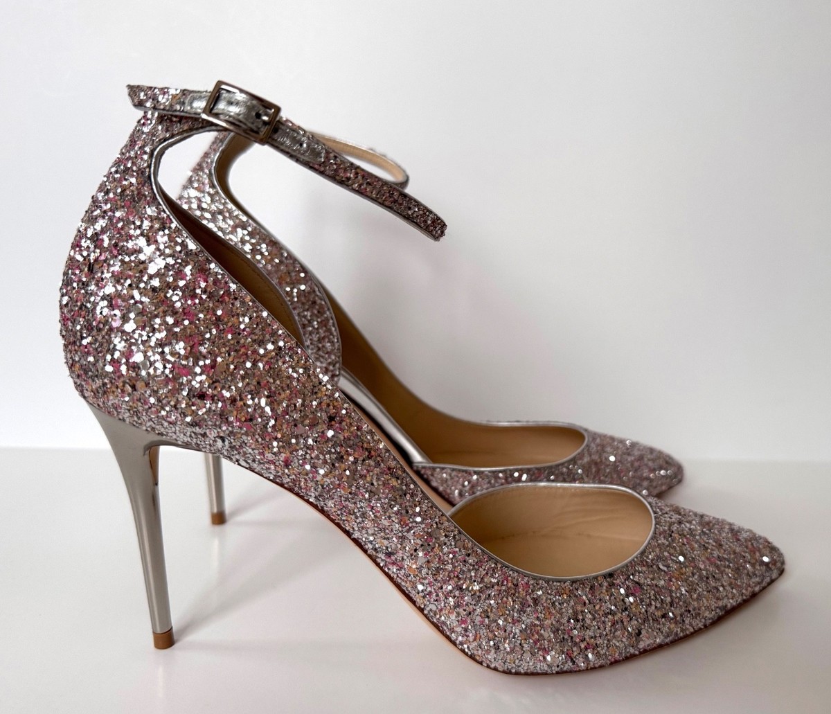 NEW JIMMY CHOO SILVER PINK GLITTER ANKLE STRAP HIGH HEEL PUMPS 41