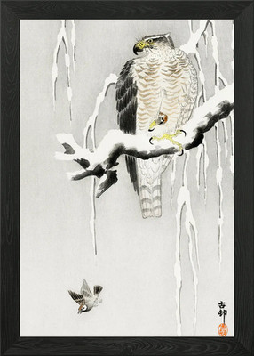 Hawk with its prey woodcut Framed Wall Art Poster Canvas Print Picture
