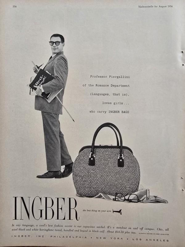 1956 Women's Ingber Tweed Bags Handbag Purse Professor Books Vintage Fashion Ad 