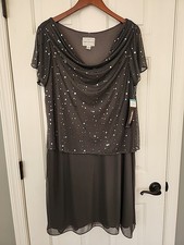 NWT-Karin Stevens-16-Charcoal Gray Sparkle Flutter Sleeve Cowl Neck Party Dress 