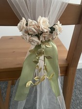 Tulle Wedding Chair Sash with Sage Green Ribbon, Flowers & Gold Leaf Decor 