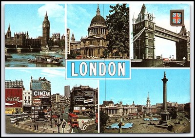 Vintage Chrom Multi-View Postkarte London Iconic Landmarks UK FISA 1970er-80e...