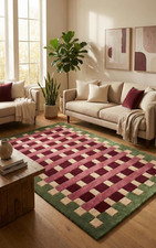Hand Tufted Wool Rug, Geometric Modern Area Carpet, Burgundy Pink Green Carpet