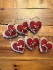 PRIMITIVE WOOL FELT PENNY RUG ORNIES BOWL FILLERS SET OF SIX HEARTS
