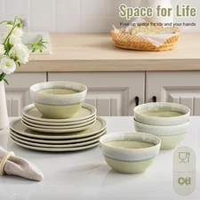 Plates and Bowls Sets, 12 Pieces Grass Green Dinnerware Sets for Kitchen,...