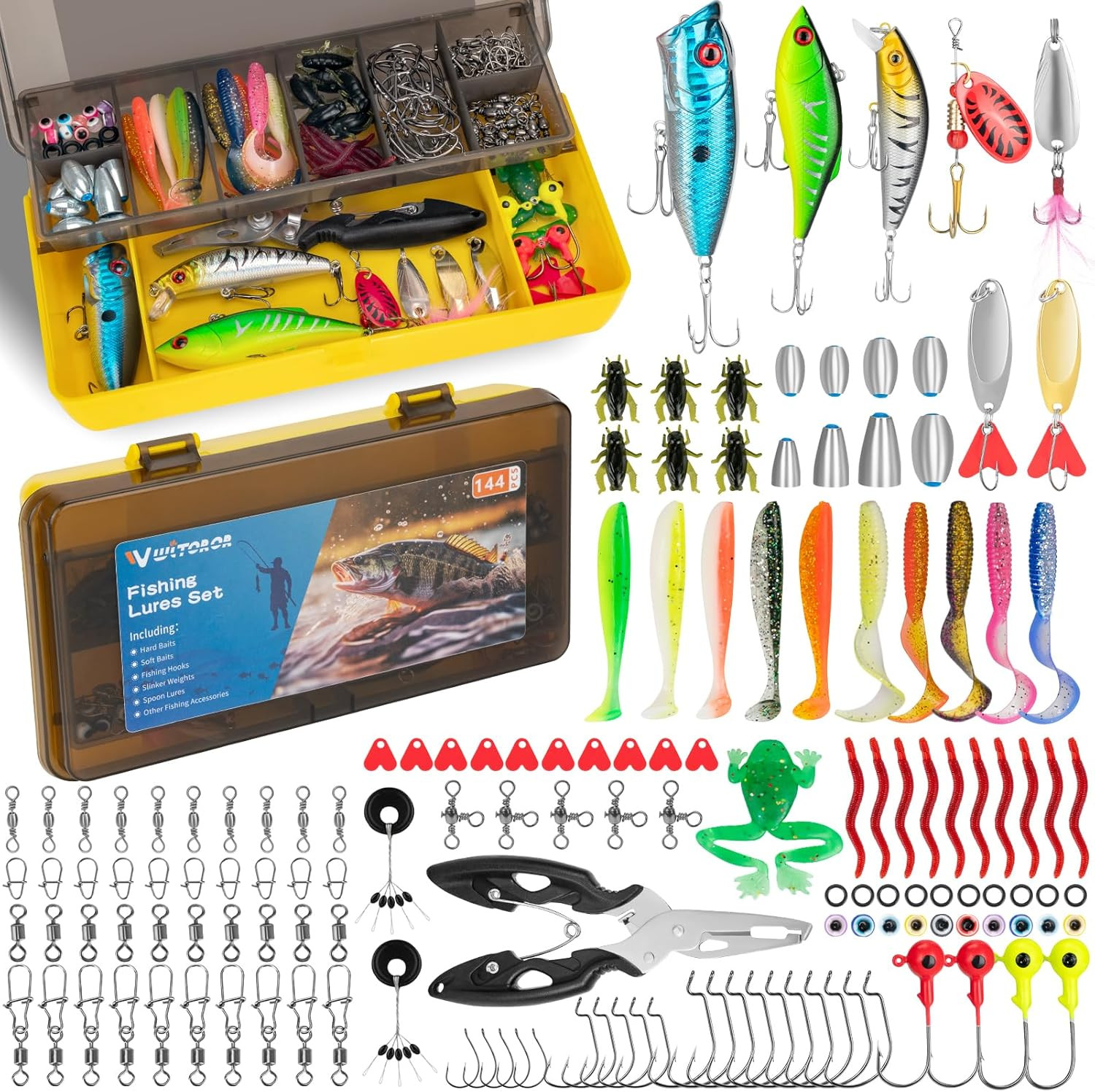Fishing Lures, 144Pcs Tackle Box Included Crankbaits, Spoon, Hooks, Jigs, Weight