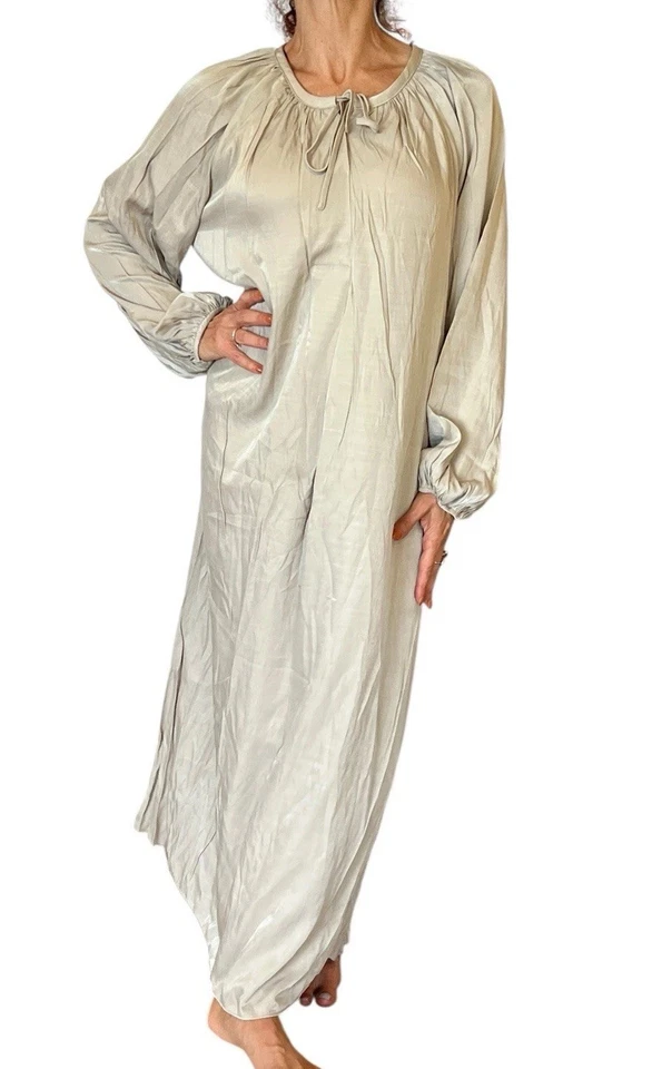 H&M Women's Large Long Midi Maxi Satin Beige Dress Minimalist Modest - Image 4 of 4