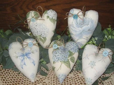 Cottage Charm 5 Assorted Dusty Blue Fabric Hearts Bowl Fillers Wreath Accents