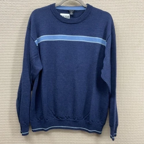 VTG Prague Blue Contrast Stripe Accent Knit CrewNeck Sweater Men 2XL China Wool