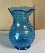 Hand Blown Art Glass Vase Aqua Blue With Ruffled Rim Approx 6 In
