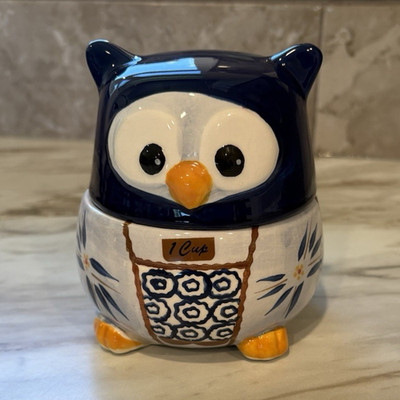 Temptations Owl Ceramic Measuring Cups Set, Blue White Yellow, Floral, 4pcs