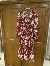 Red & White Floral Midi A-Line Dress, Long Sleeve, V-Neck, Pullover, Women's