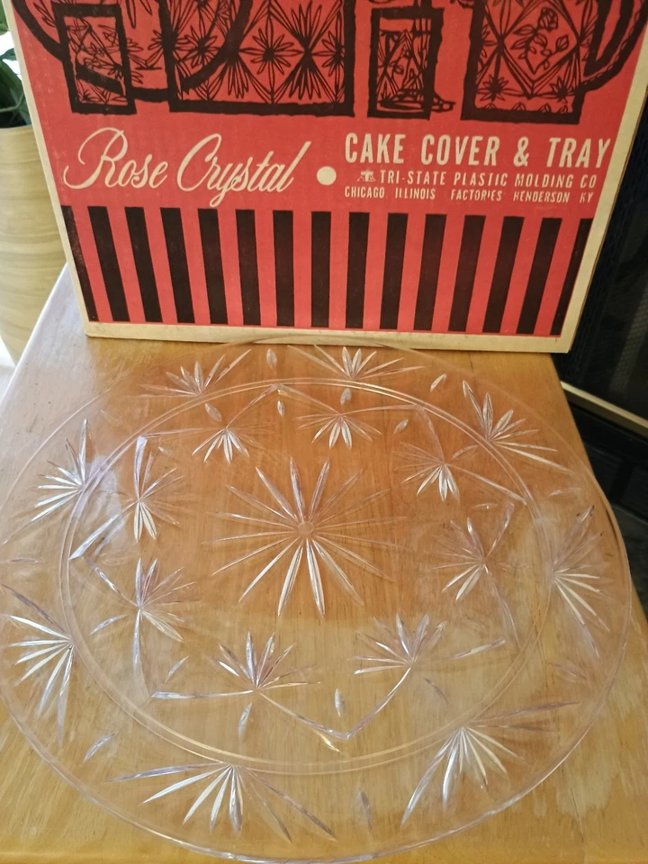 Rose Crystal Lucite Starburst Cake Plate & Lid For 9" Cakes, w/Box, Clear Nice  - Image 3 of 4