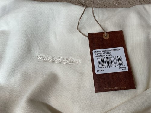 Mitchell & Ness Branded Script Mens Oversized Hoodie Sz Medium Cream 54x27” New