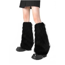 XEPST Faux Fur Fuzzy Leg Warmers Furry Boot Covers for Women, Warm Fuzzy Black