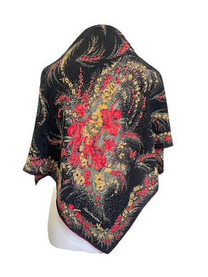 H74# Paul Azzam Floral Silk Scarf Black Red Yellow Vintage Square Wrap