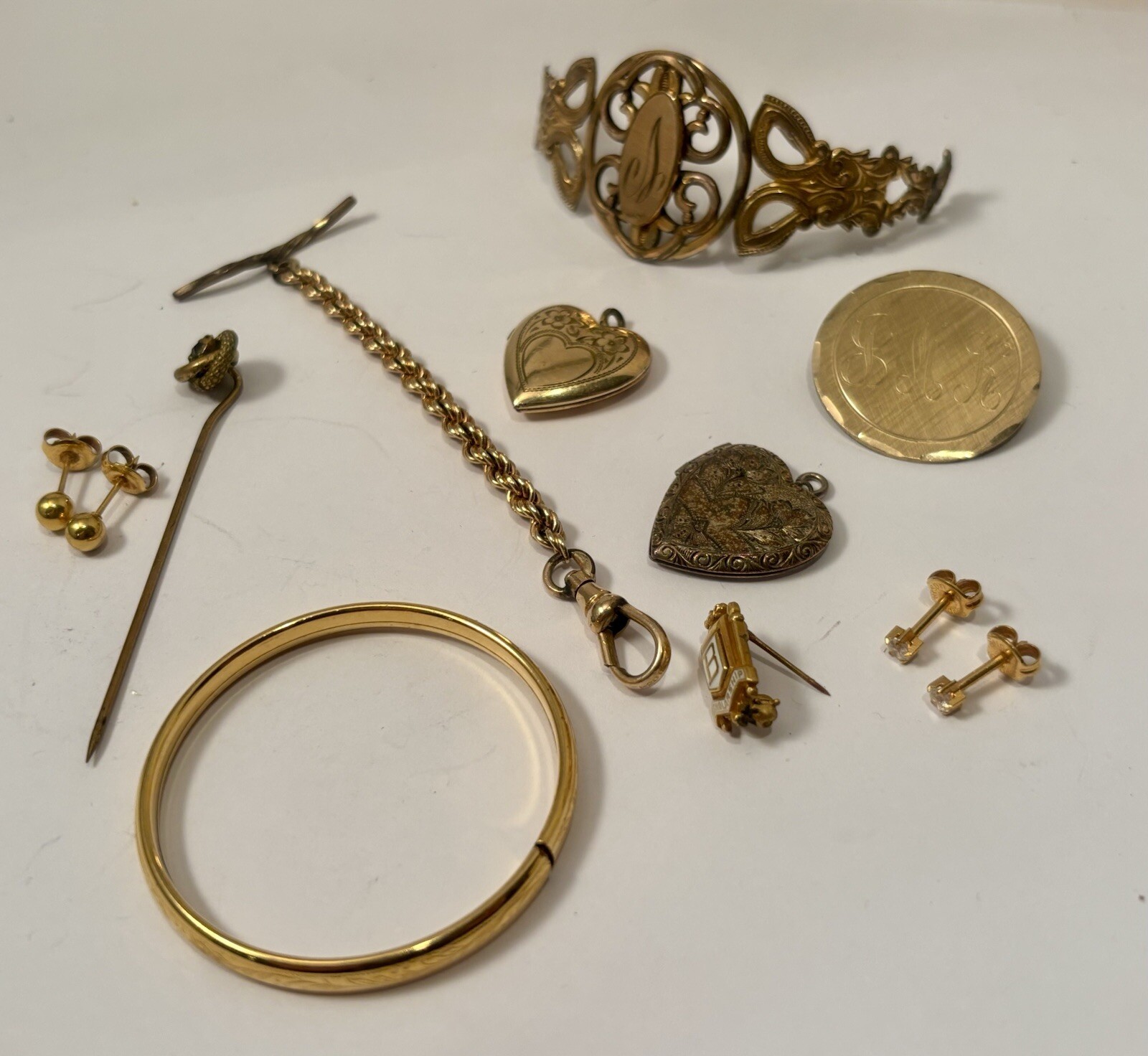 Antique Gold Filled Jewelry Collection. 10 Pc. Bracelet Heart Lockets, Watch Fob